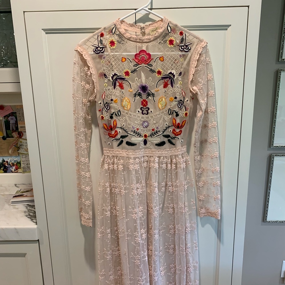 ASOS light pink embroidered long dress